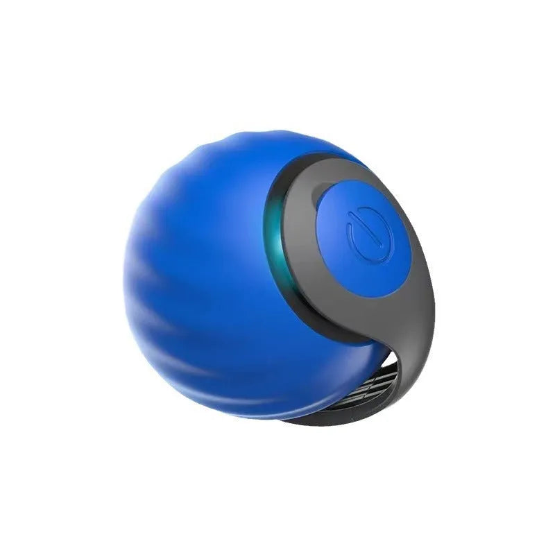 Self-moving cat toy ball in blue on a floor with a cat pawing at it