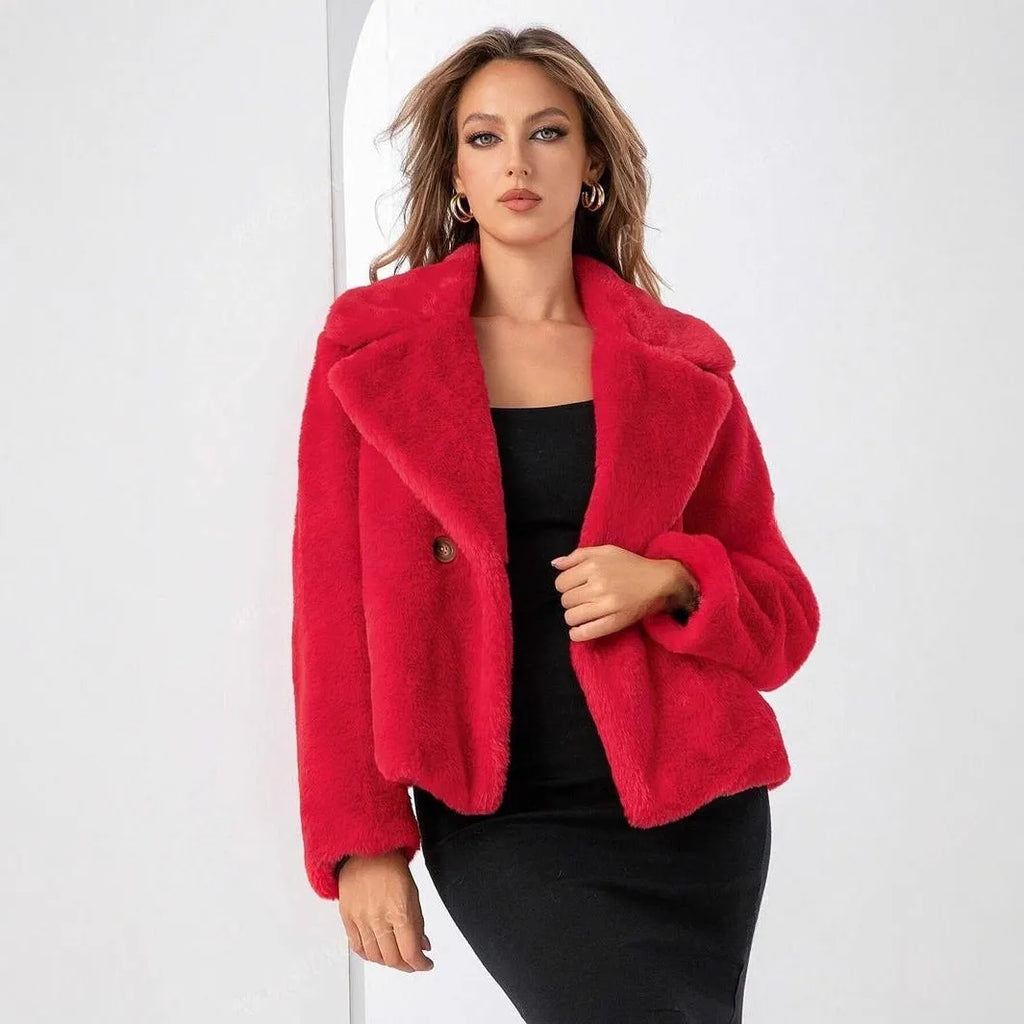 Women's artificial fur coat in rose red colour with regular sleeves on a hanger.