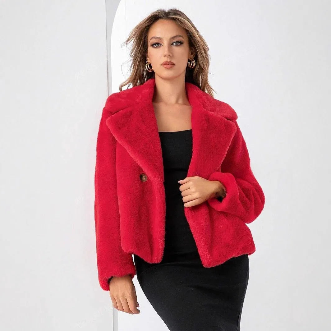 Women's artificial fur coat in rose red colour with regular sleeves on a hanger.